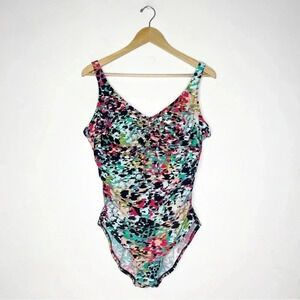Aqua Green Multi Black One Piece Swim Suit Size Large